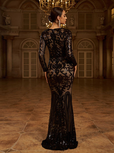 Long Sleeve Sequin Formal Dress