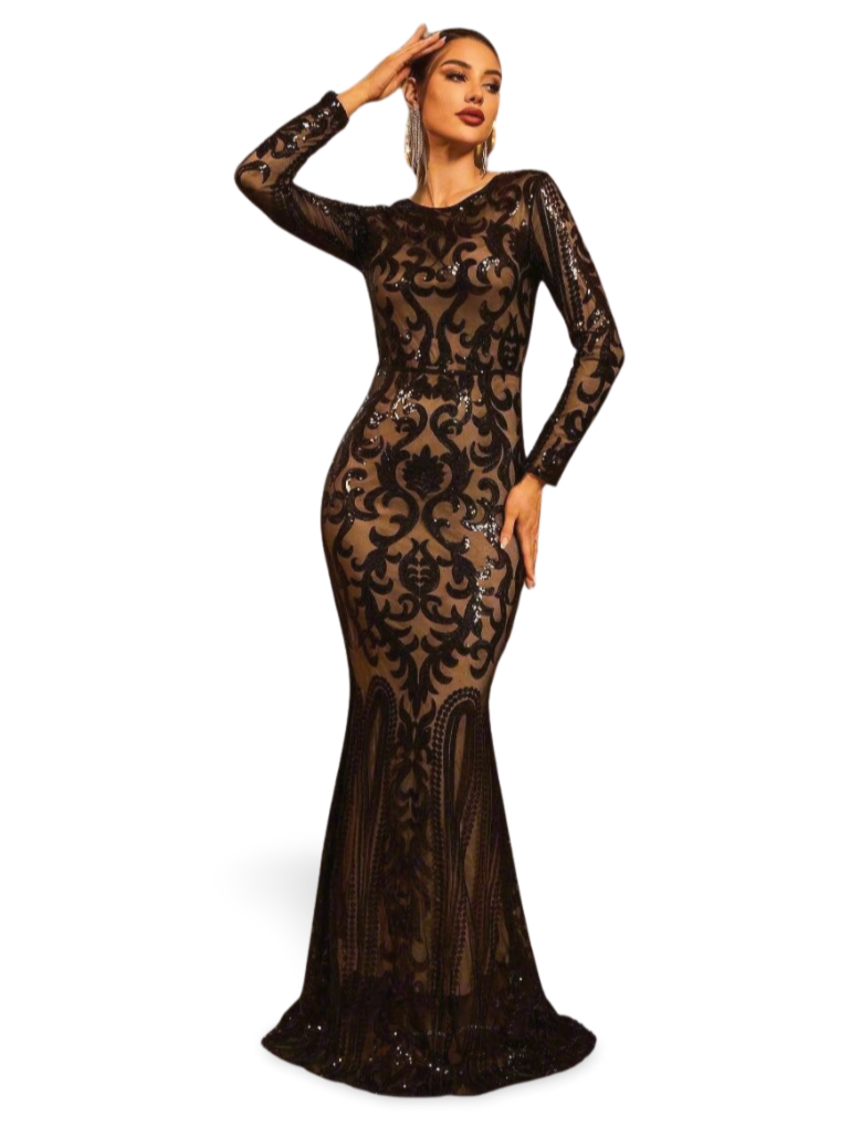 Long Sleeve Sequin Formal Dress