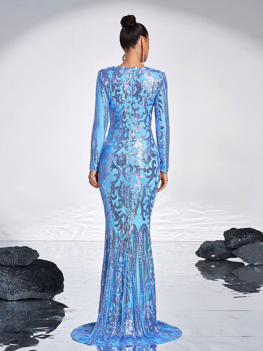 Long Sleeve Sequin Formal Dress